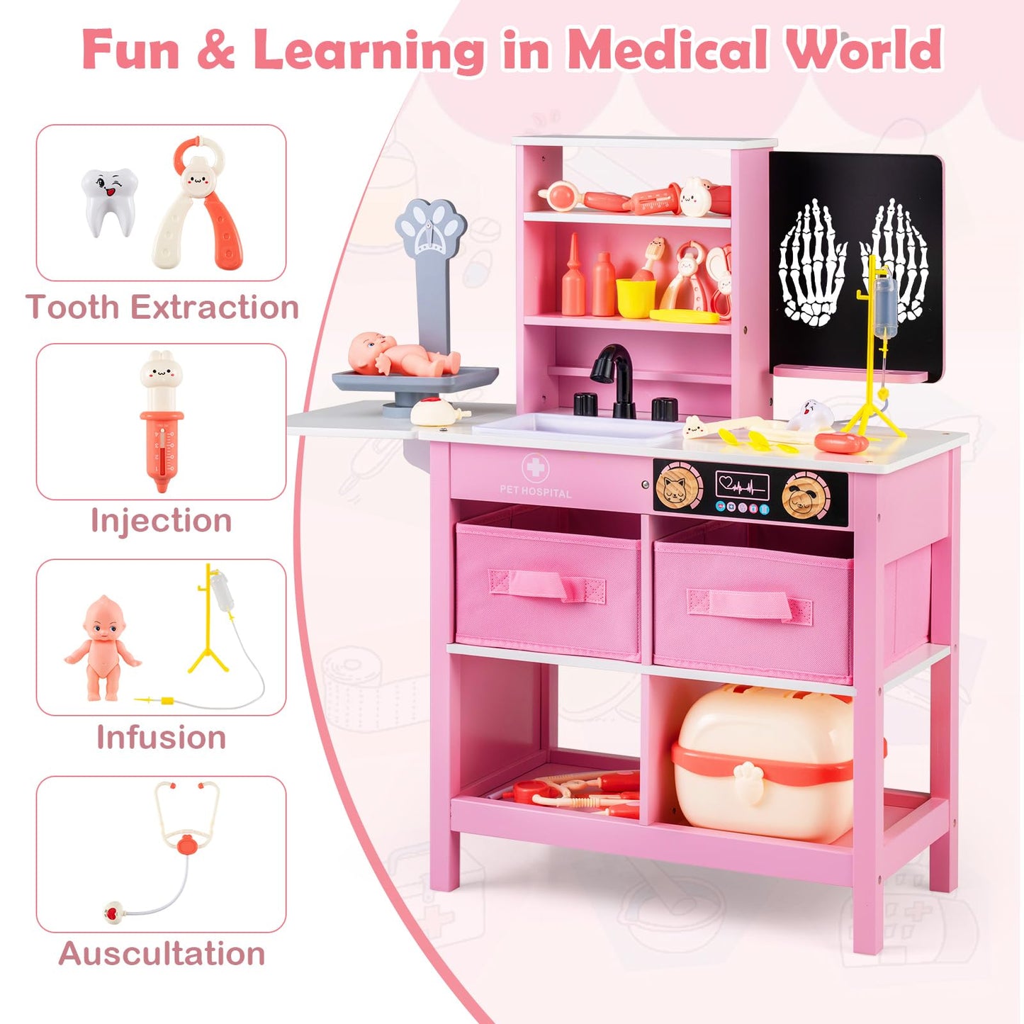 Wood Medical Center Toy Set with Blackboard and Pet Scale for Boys Girls