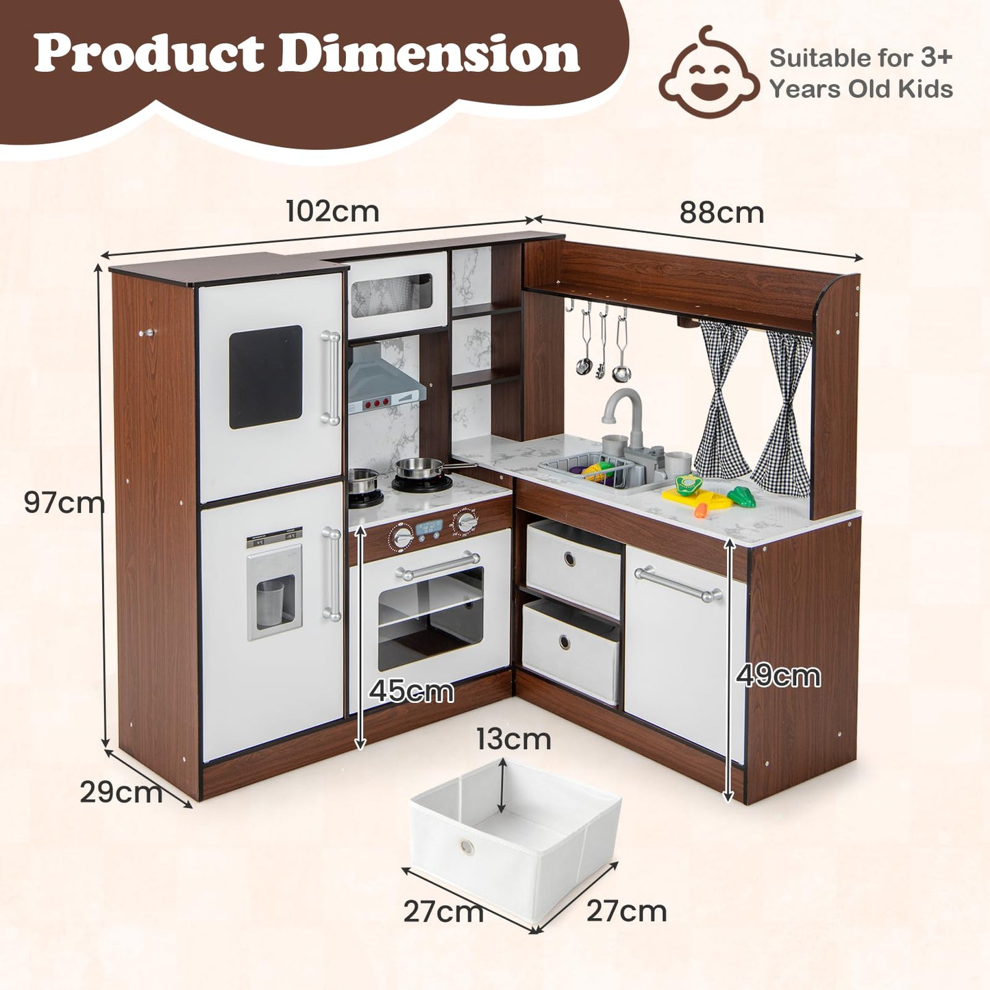 Kids Wooden Corner Play Kitchen with Lighted Range Hood and Stoves