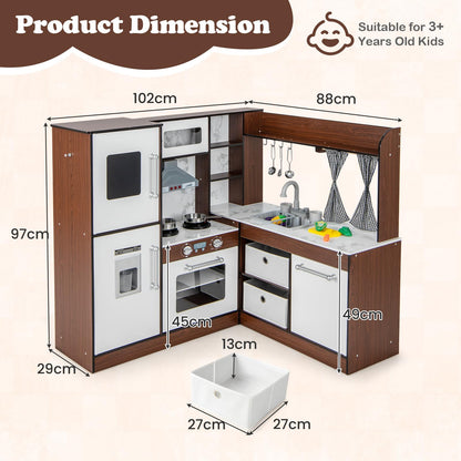 Kids Wooden Corner Play Kitchen with Lighted Range Hood and Stoves