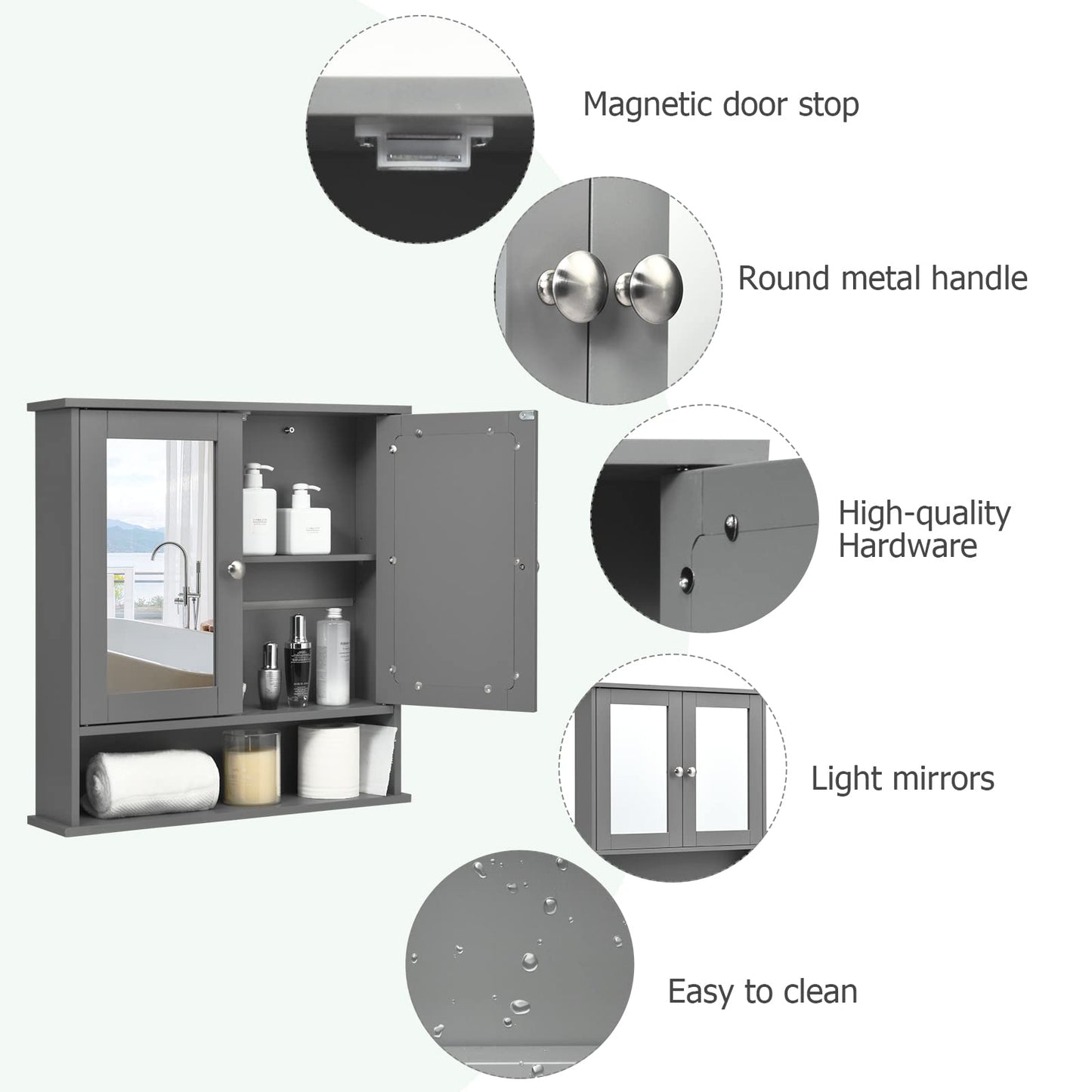 Double Door Wall Mounted Storage Cupboard with Adjustable Shelf and Compartment
