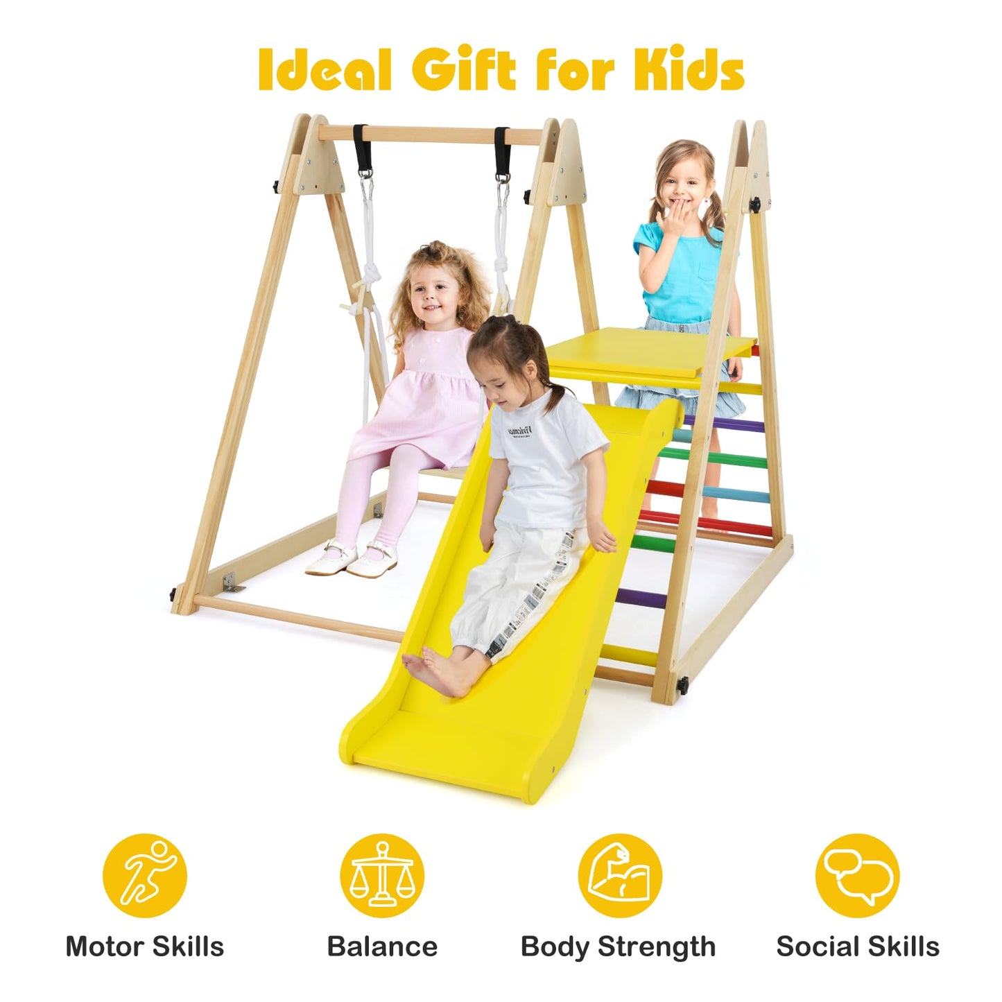 3-in-1 Foldable Indoor Jungle Gym Wooden Climbing Toys with Swing