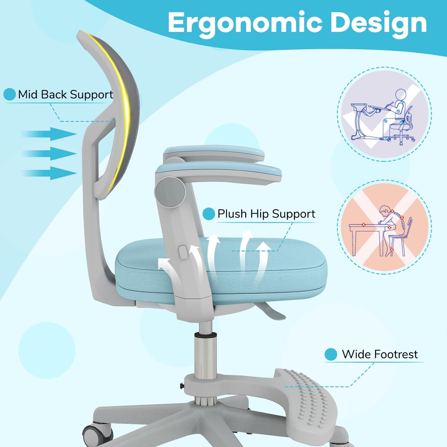Kids Desk Chair Children Study Chair with Adjustable Height Armrest and Footrest