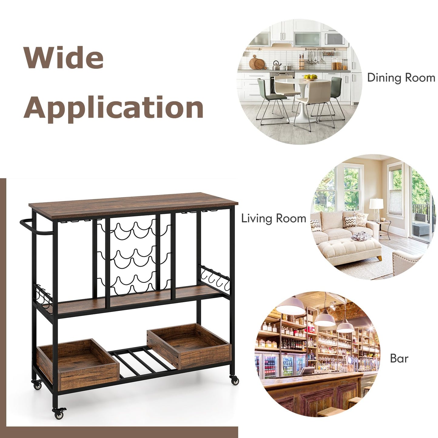 3 Tiers Bar Cart on Wheels with Glass Racks