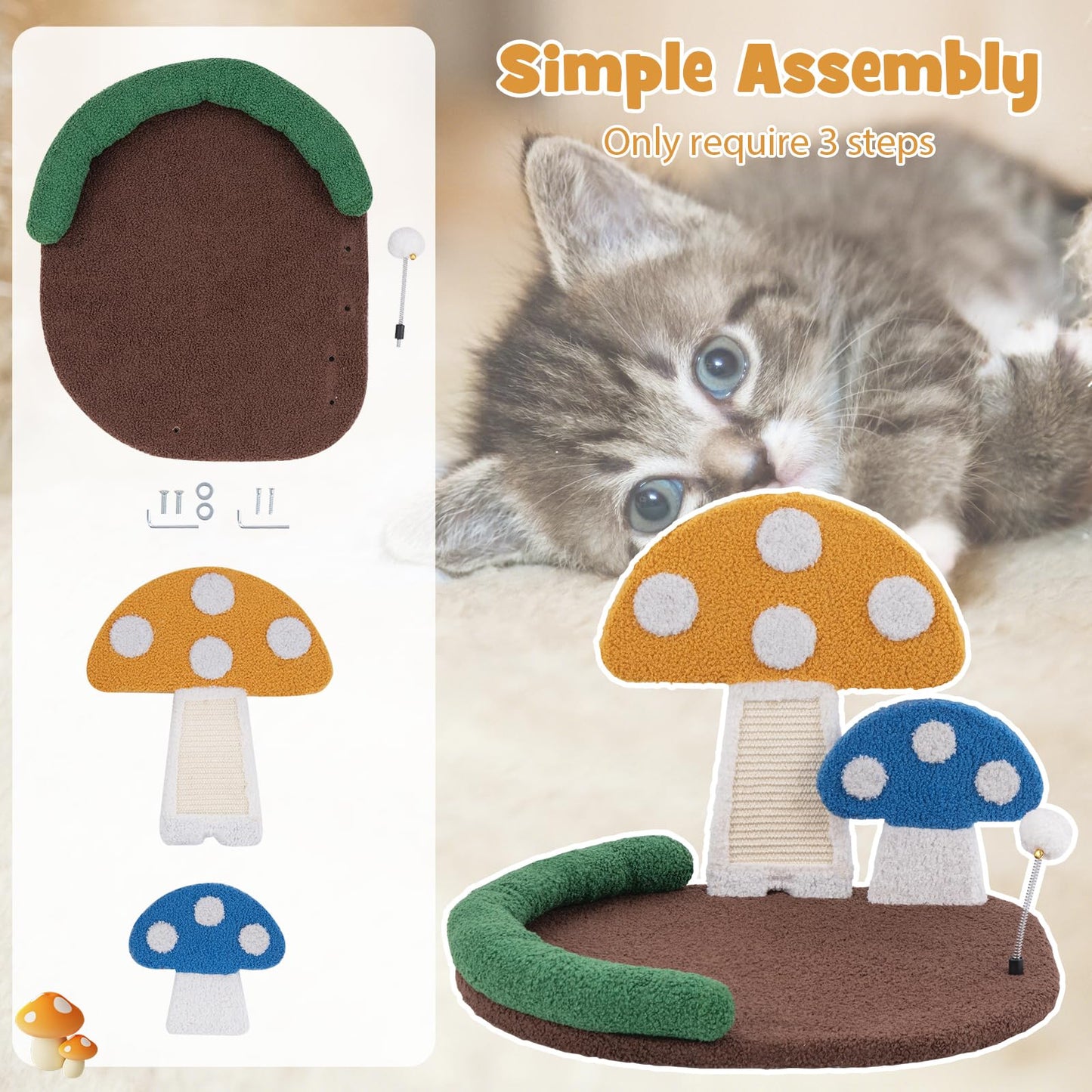 Mushroom Cat Bed with Wide Large Platform and Sisal Scratching Panel