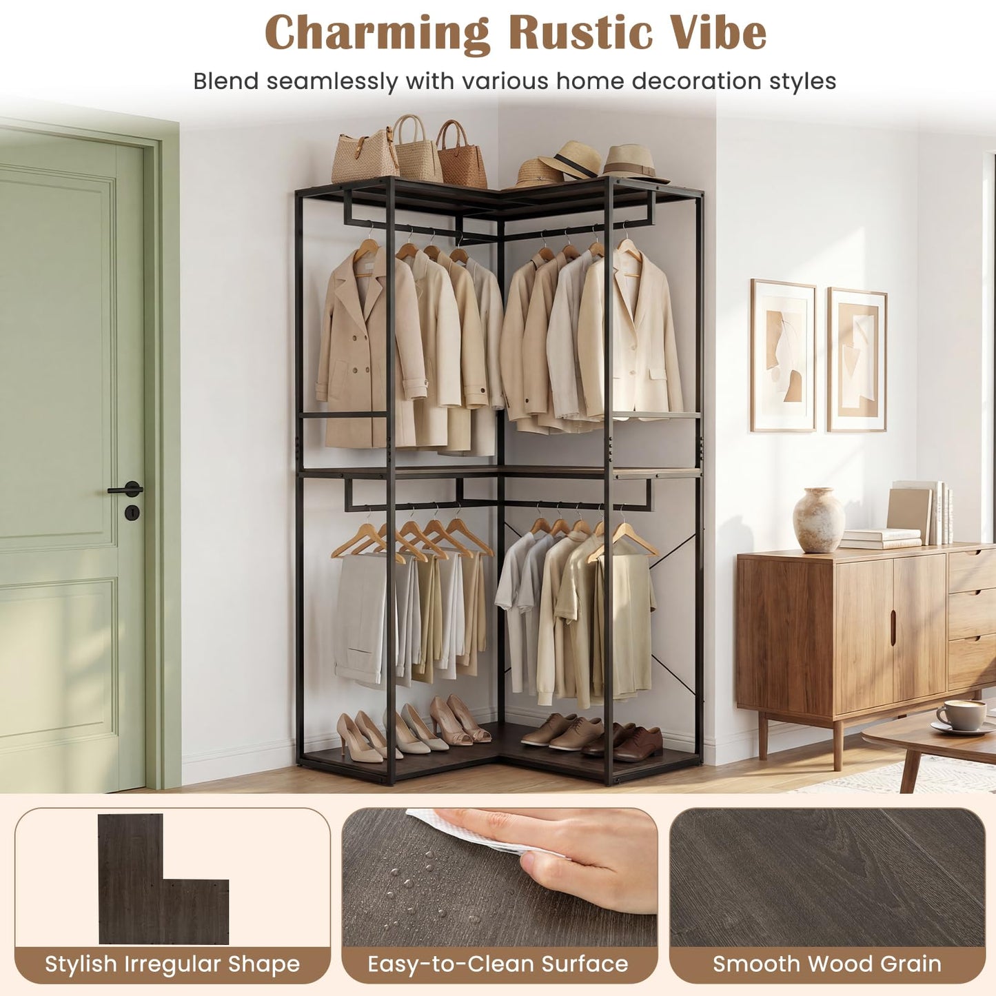 L-Shaped Metal Clothes Rail, 200cm Tall Corner Garment Clothes Rack