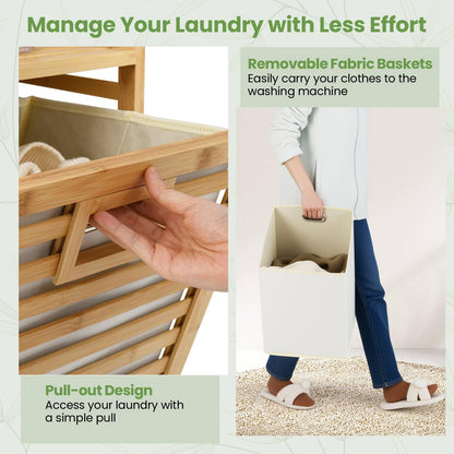 75L Double Tilt-out Laundry Hamper Bamboo with 2 Removable Bins
