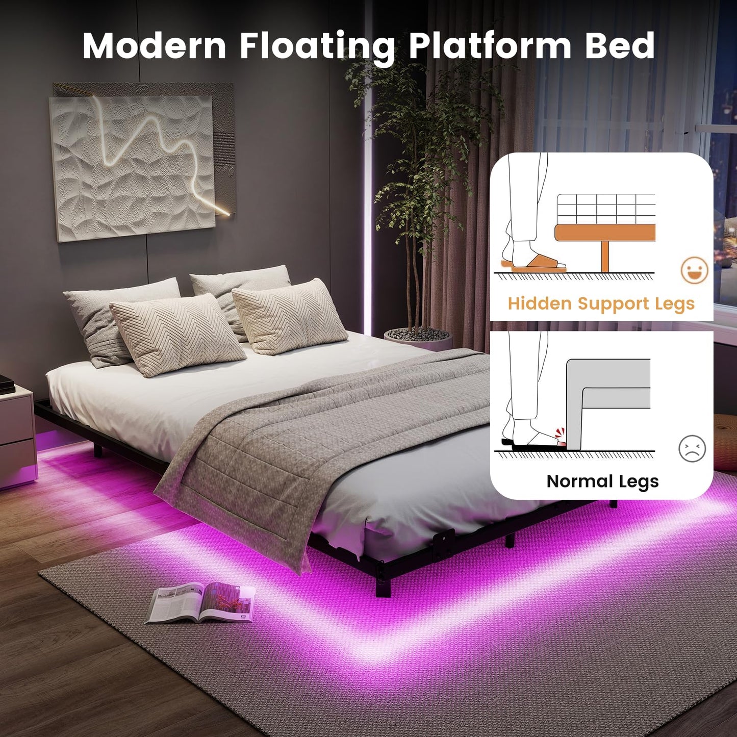 Double/King Size Floating Bed Frame with LED Lights, 4FT6/5FT Metal Slat Support Bedstead Platform Bed