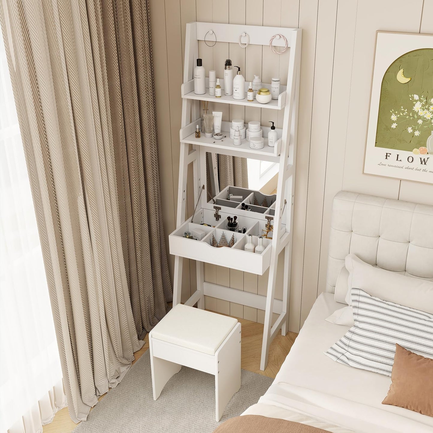Vanity Desk Set with Flip Top Mirror and Hooks