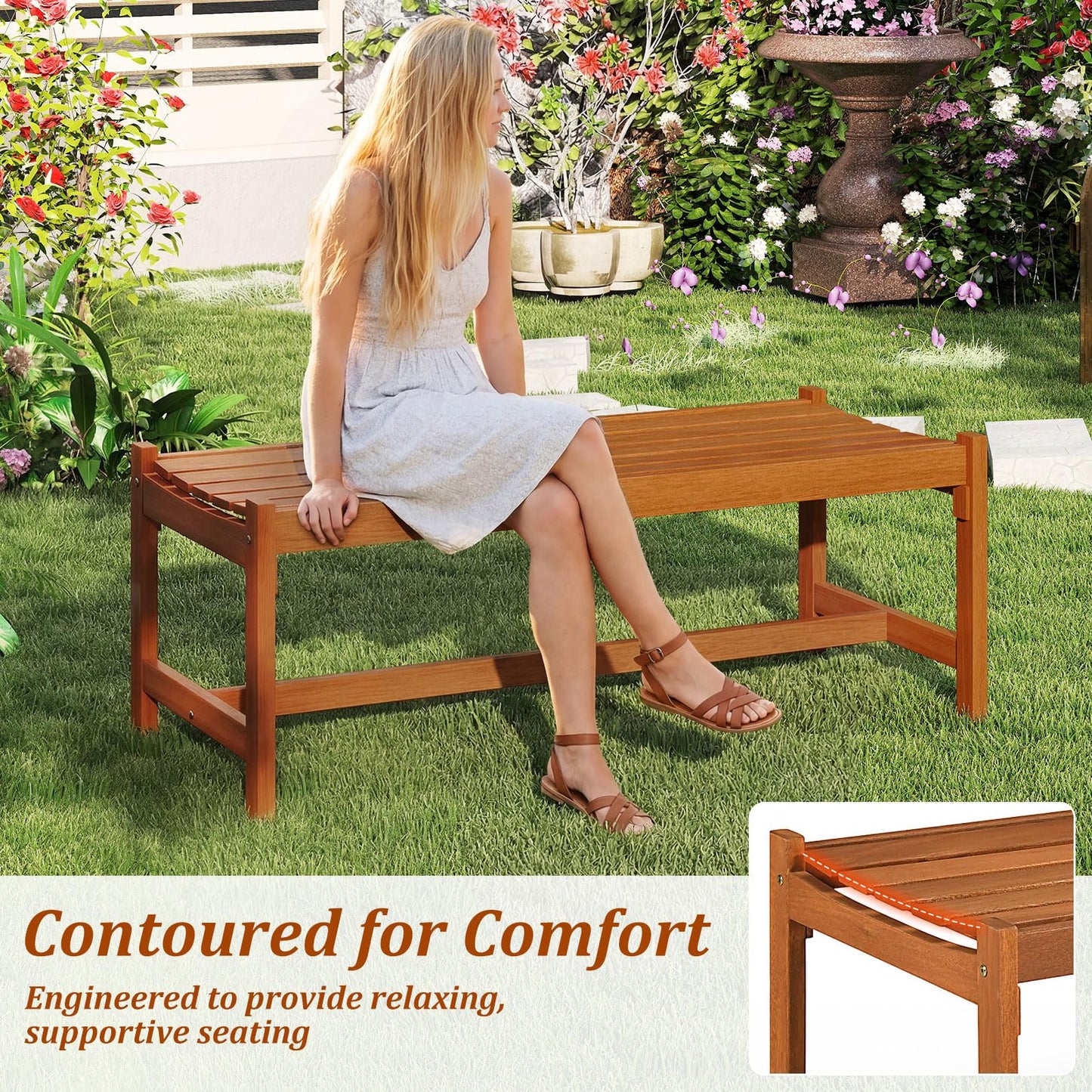 Wooden Garden Bench, 2 Seater Outdoor Bench with Slatted Curved Seat