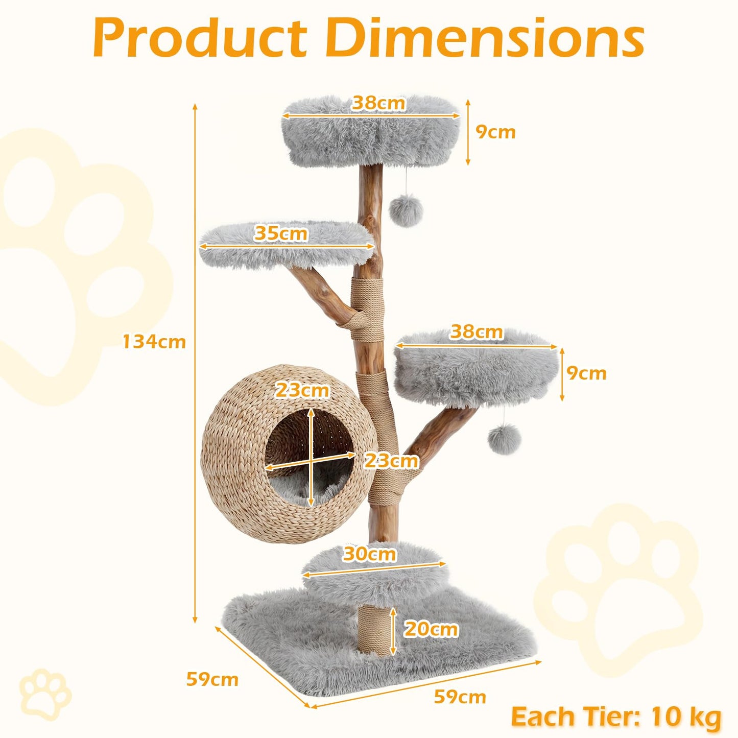134CM 5-Tier Cat Tree with Woven Cat Condo and Hanging Balls