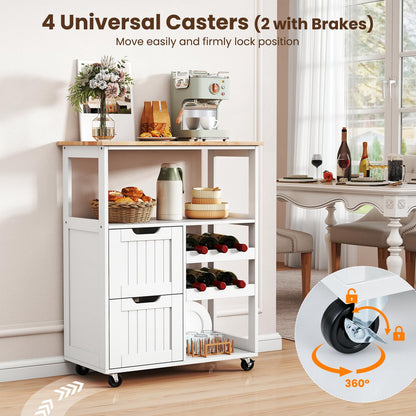Rolling Kitchen Island Cart with Rubber Wood Top, White