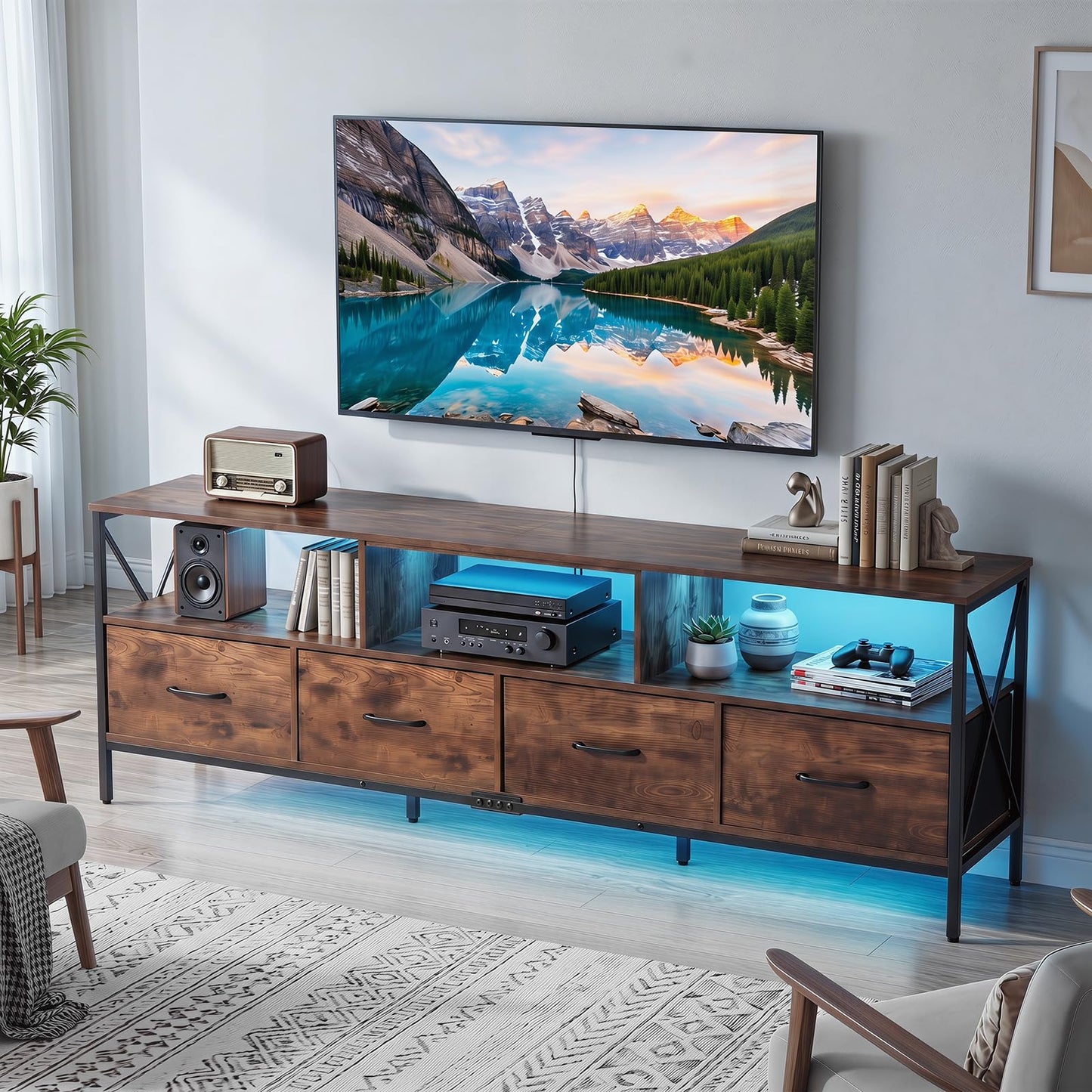 LED TV Unit for 80 Inch TVs, 180cm TV Stand Cabinet with 4 Fabric Drawers & Storage Shelves