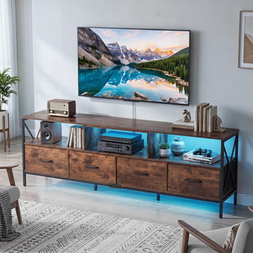 LED TV Unit for 80 Inch TVs, 180cm TV Stand Cabinet with 4 Fabric Drawers & Storage Shelves