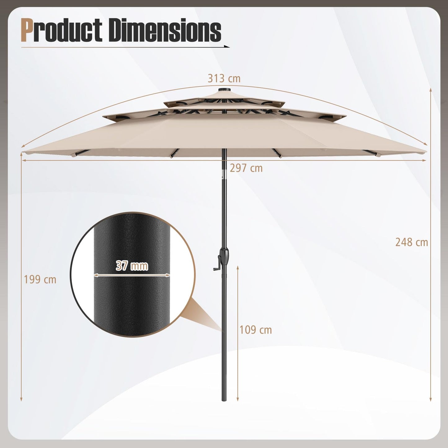 3M 3-Tier Heavy Duty 8-Ribs Solar Patio Umbrella with 32 LED Lights