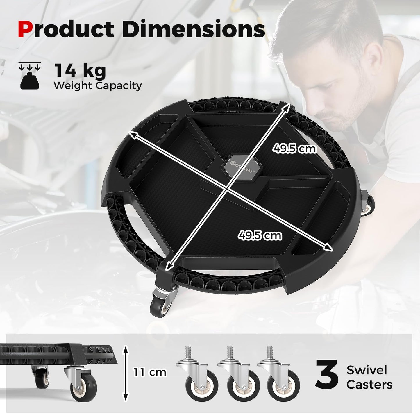 Mobile Automotive Tool Creeper with 3 Swivel Casters and 4 Compartments
