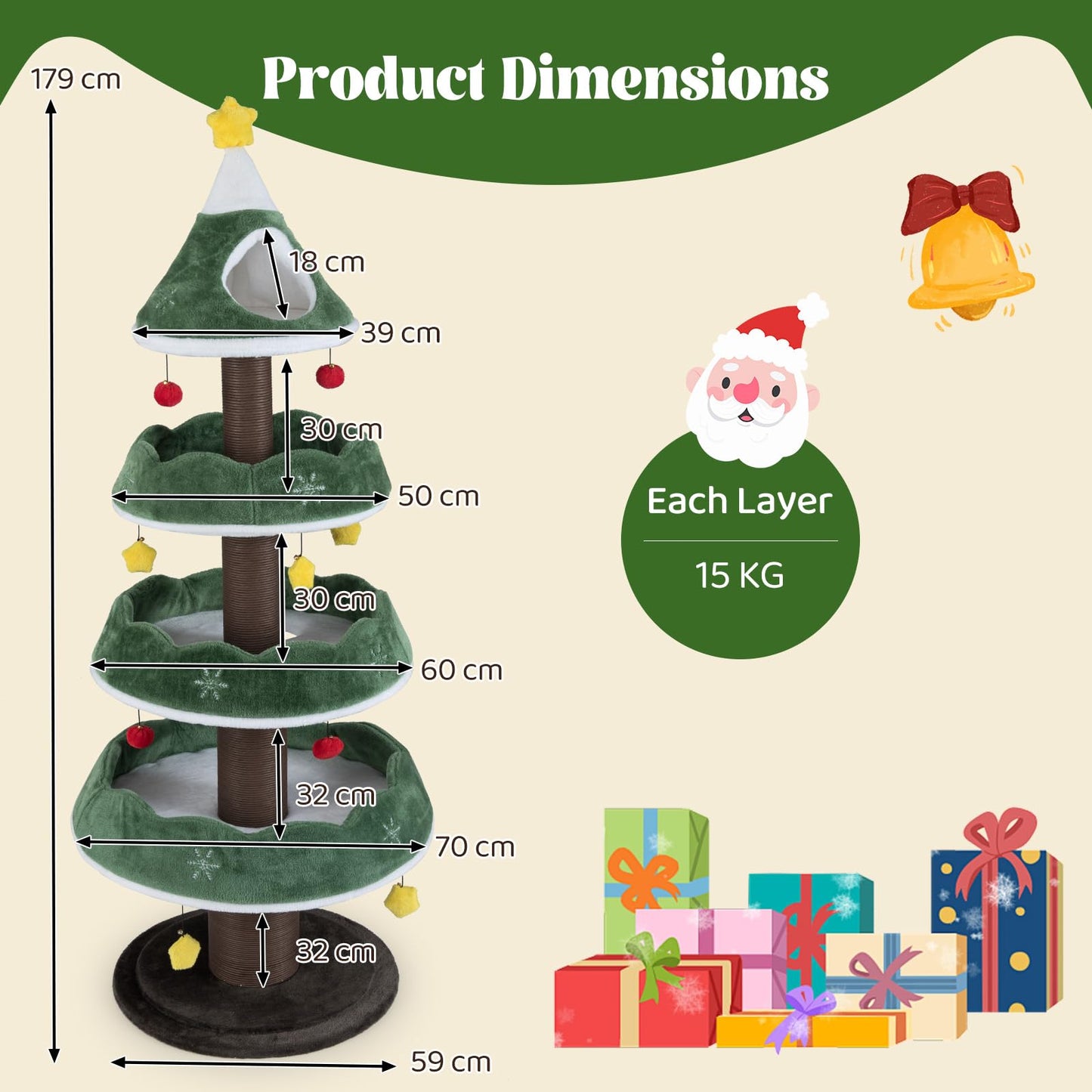 179 CM Tall Christmas Cat Tree Multi-Level Kitten Tower with 3 Plush Platforms