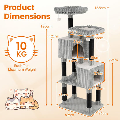 Cat Tree, 156cm Tall Multi-Layer Cats Tower with 2 Perch Beds