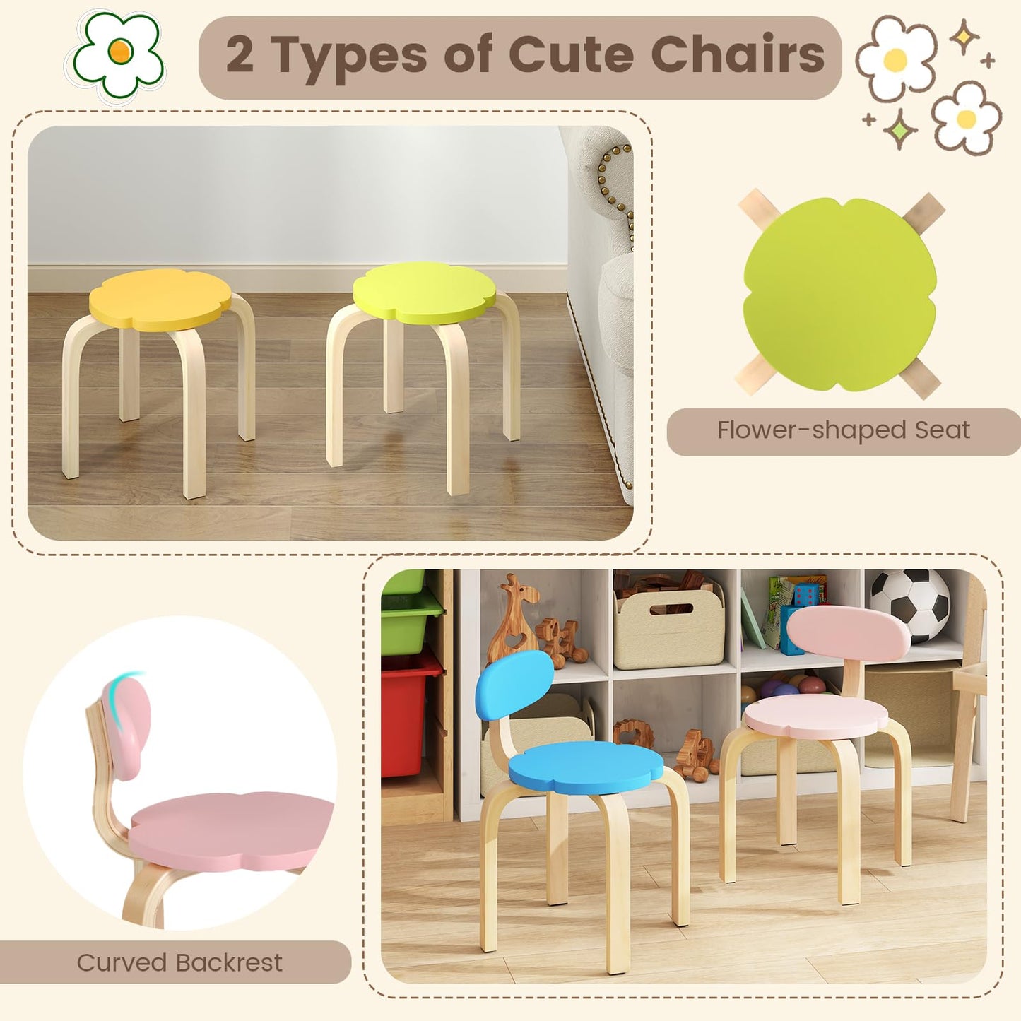 Flower-shaped Children Table Set with 2 Colorful Chairs and Stools