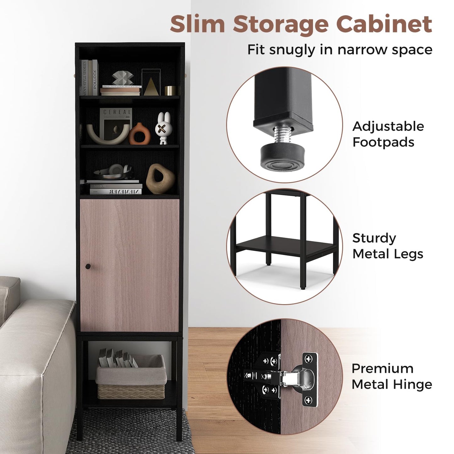 Tall Storage Cabinet with Adjustable Shelf and Bottom Storage