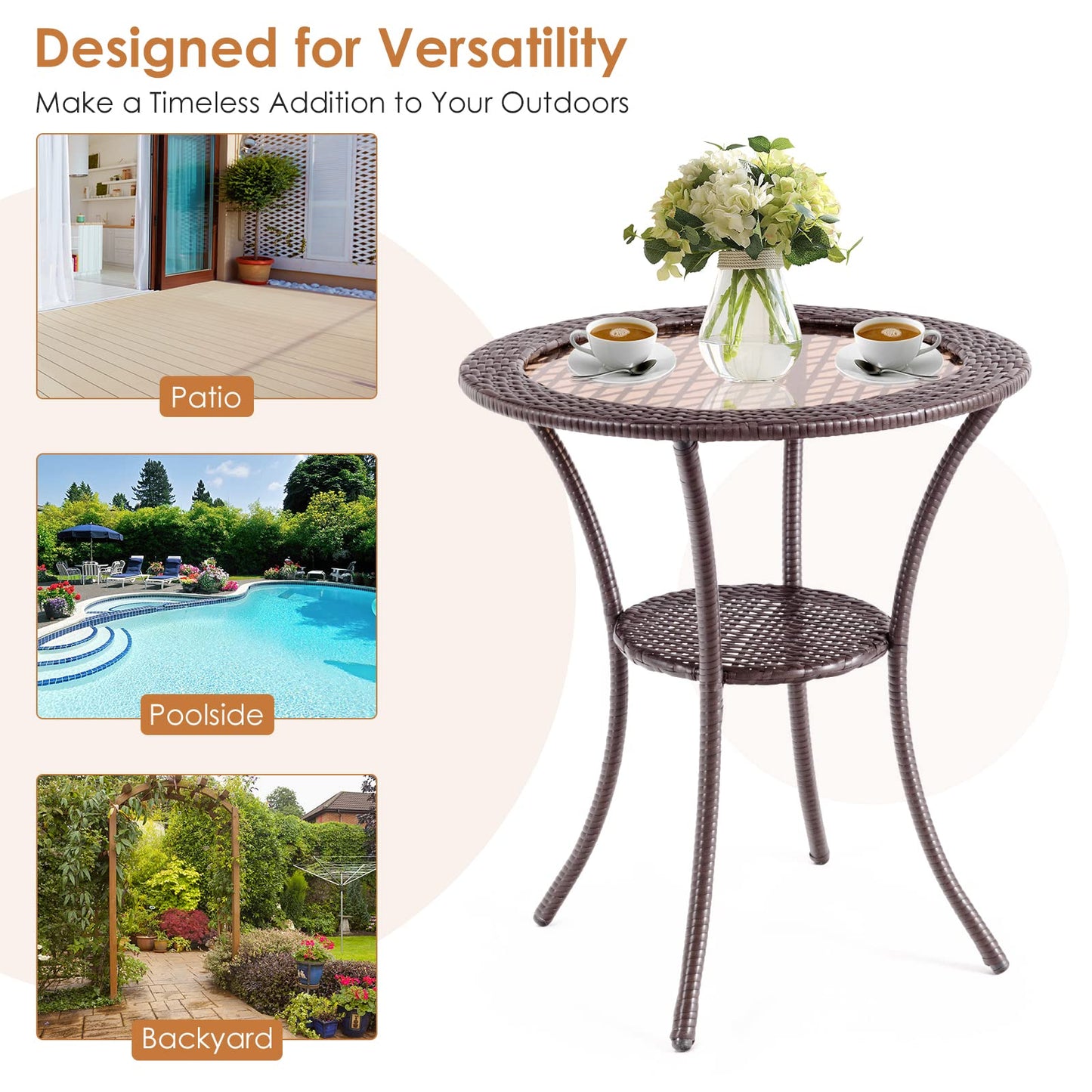 Patio Bistro Table with Tempered Glass Top and Storage Shelf