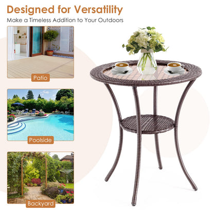 Patio Bistro Table with Tempered Glass Top and Storage Shelf