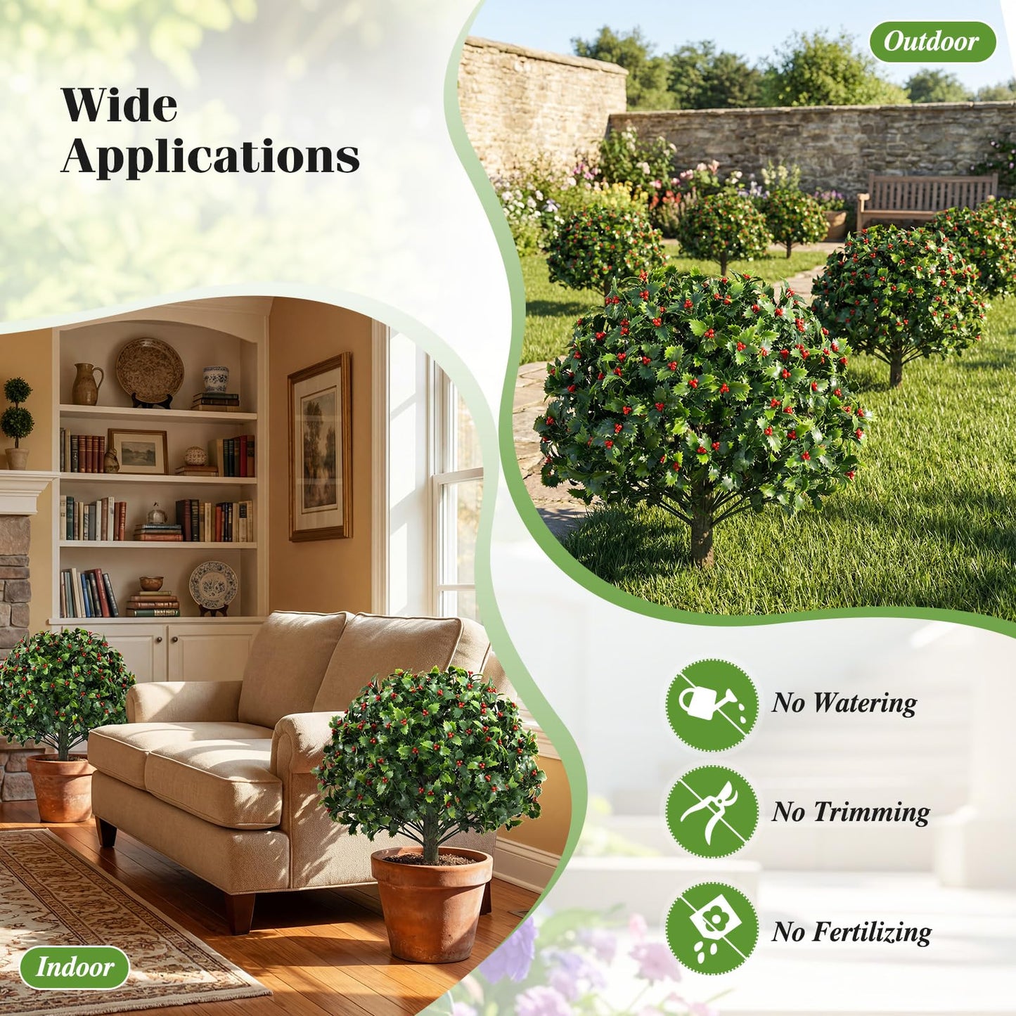 Set of 2 Faux Shrub Bushes with Ground Spikes （Red Berry）