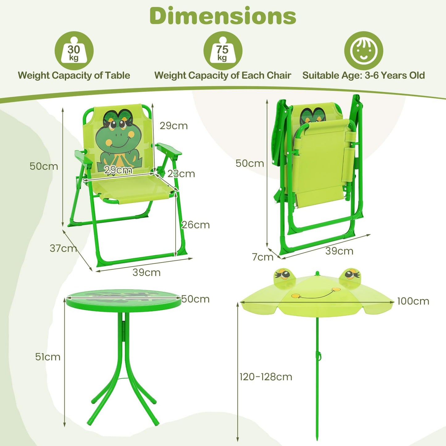 Outdoor Children Picnic Table with 2 Folding Chairs & Height Adjustable Umbrella