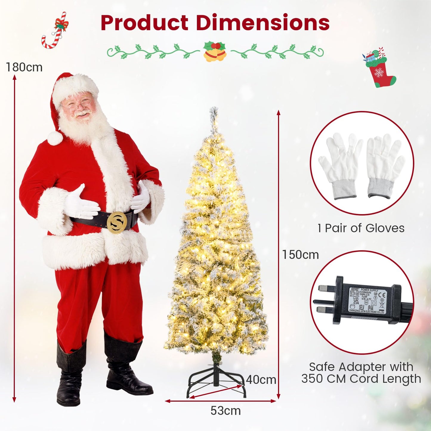 Pre-lit Snow Flocked Christmas Tree, Hinged Artificial Slim Pencil Xmas Tree with Lights
