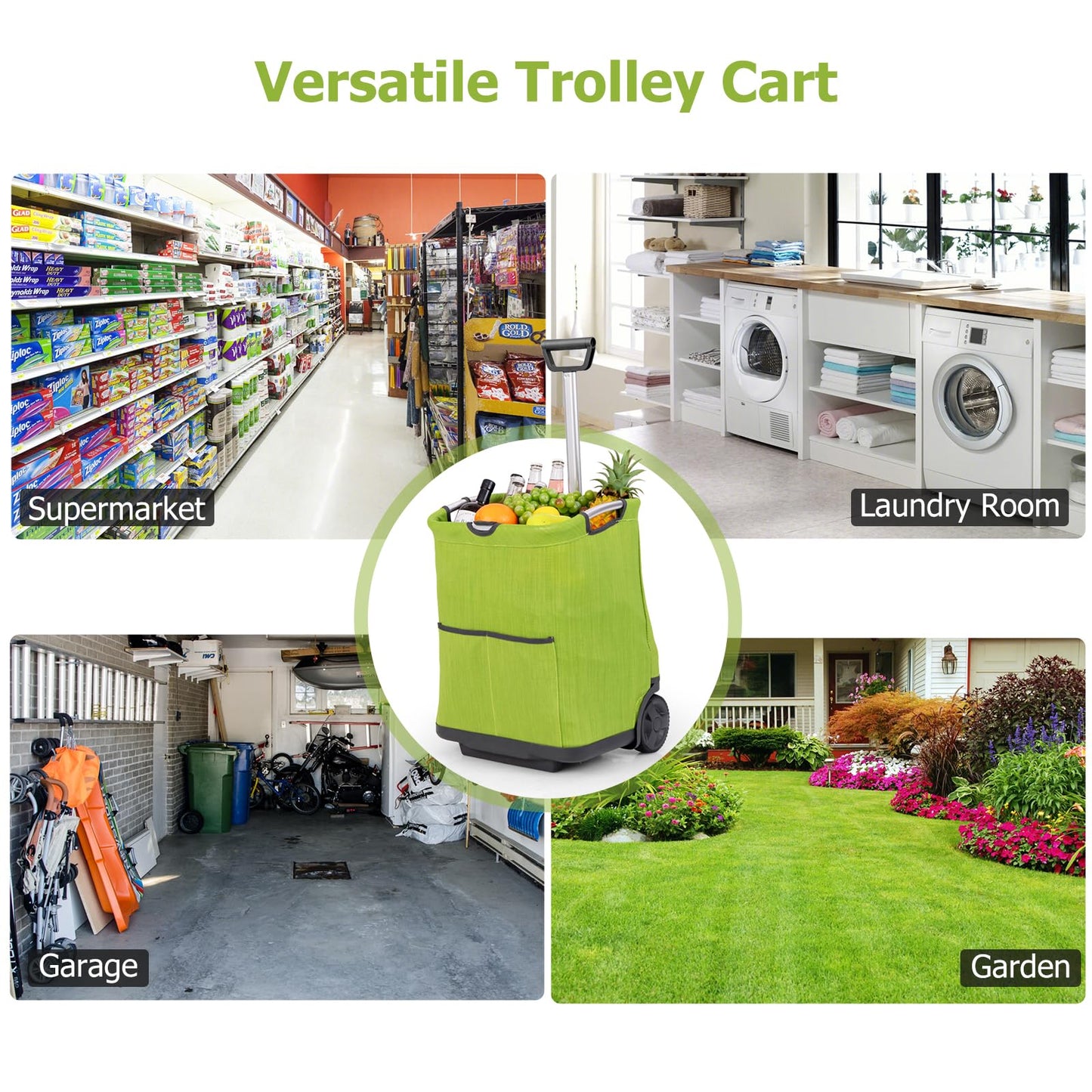 50L Folding Shopping Trolley on Wheels with 3 Pockets & Retractable Handle