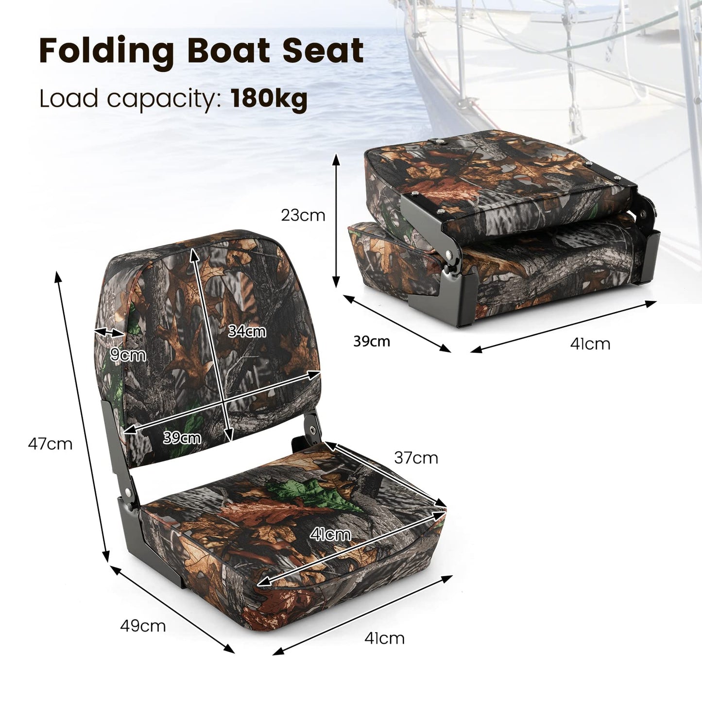 Set of 2 Folding Boat Seats, Low Back Captain Chairs with Metal Hinges and Sponge Padding