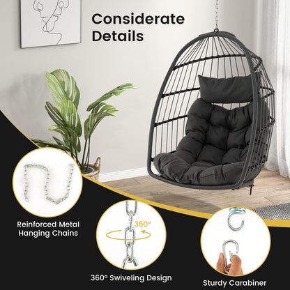 Foldable Rattan Hanging Chair with Soft Cushion and Head Pillow