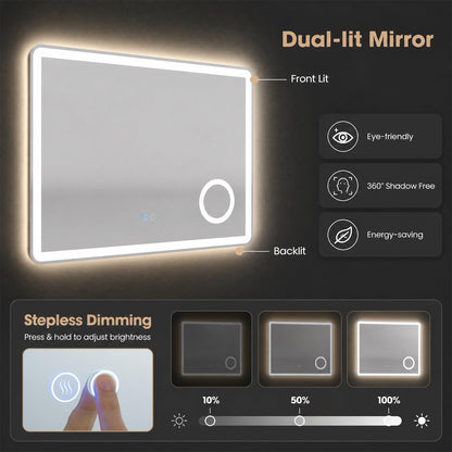 600x800mm Bathroom Mirror with LED Lights, 3x Magnifier, Anti-Fog