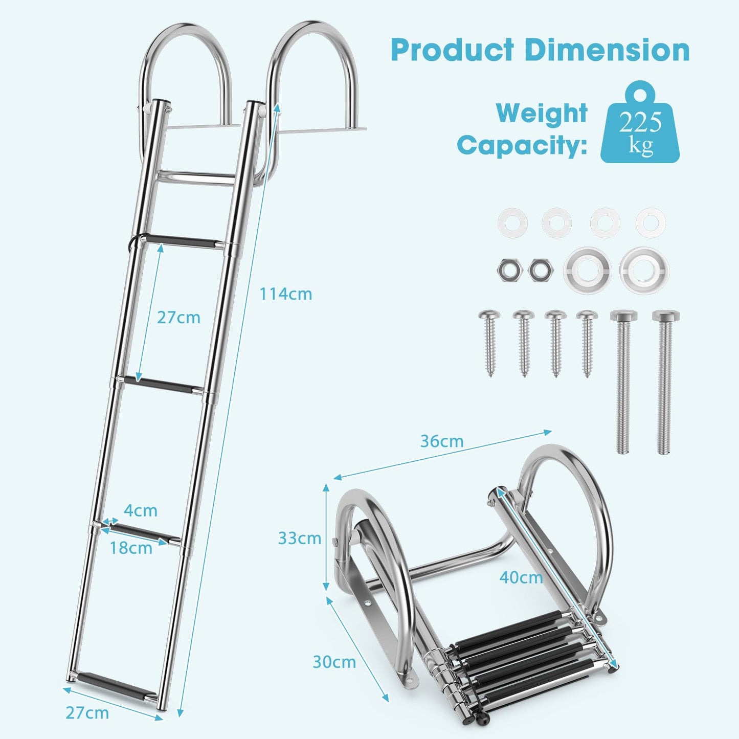 4-Step Telescoping Boat Ladder, Folding Stainless Steel Swim Dock Ladder with Non-slip Steps