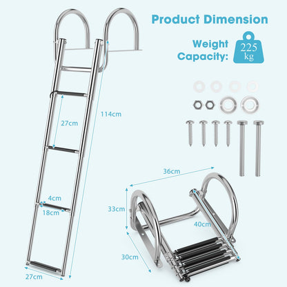 4-Step Telescoping Boat Ladder, Folding Stainless Steel Swim Dock Ladder with Non-slip Steps