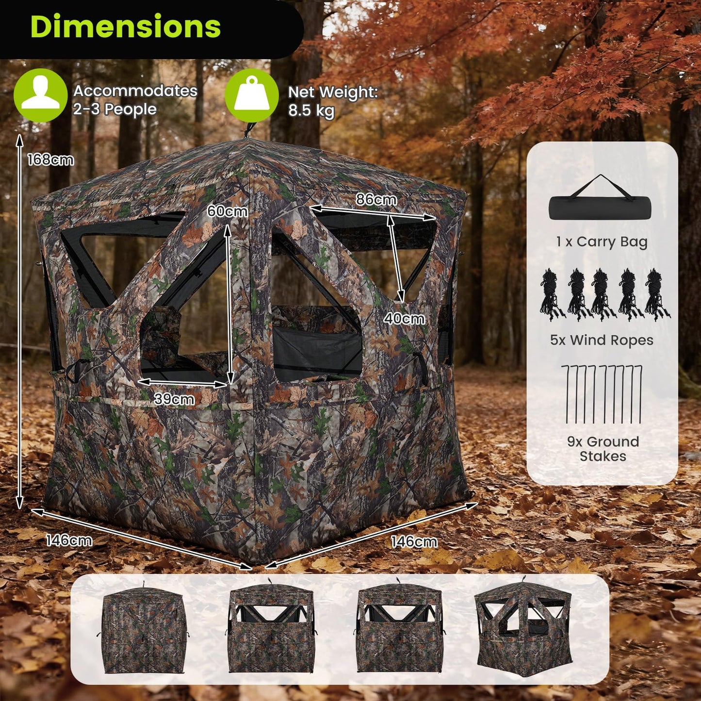 Hunting Blind 270°/360° See Through Pop Up Hunting Tent with Sliding Window and Door