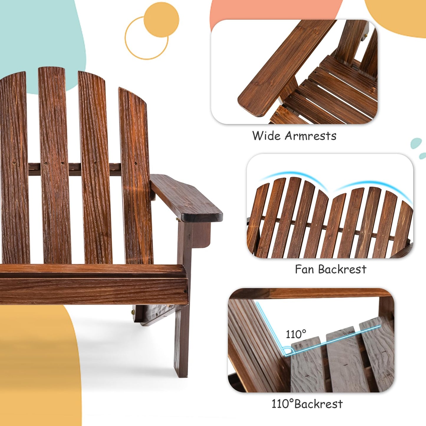 Kids 2-Seat Fir Wood Adirondack Chair with High Backrest