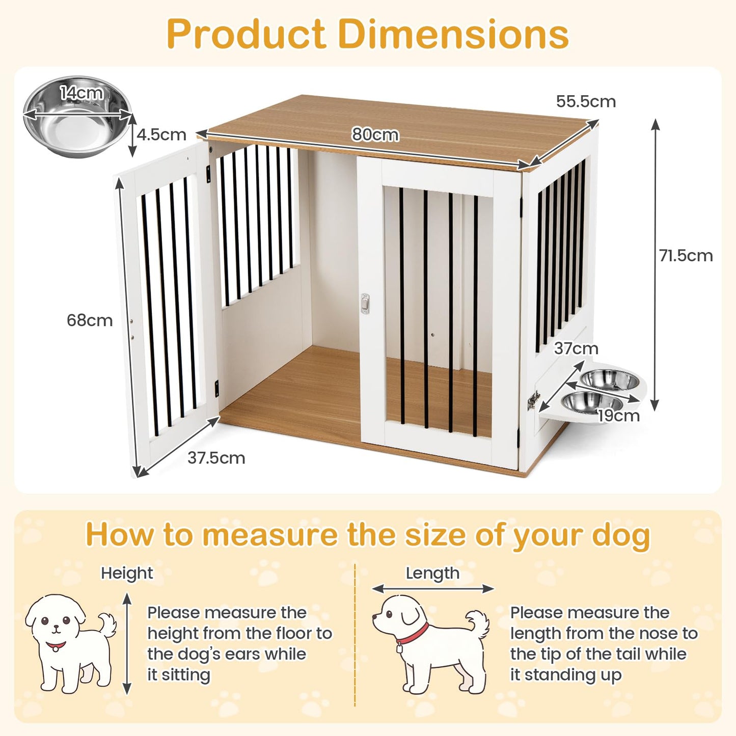 Dog Crate Furniture, Wooden Dogs Cage | 80cm Indoor Puppy Kennel Pet House Side Table