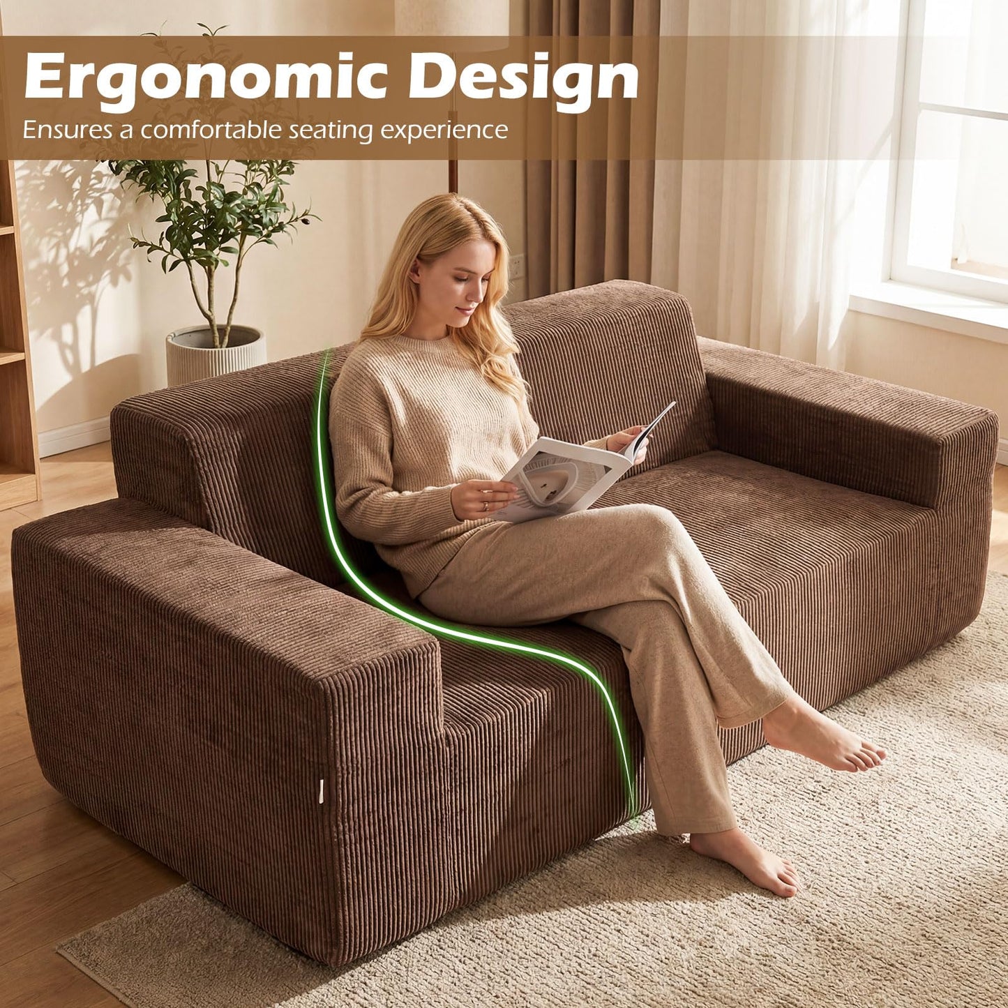 3-Seater Sofa, 197cm Corduroy Boneless Couch, No Assembly Needed
