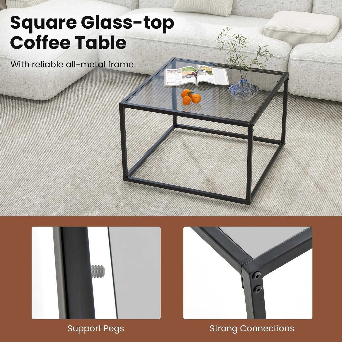 Giantex Square Coffee Table Tempered Glass Sofa Side Table with Adjustable Foot Pads (without Mesh Shelf)