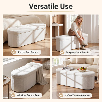 Oval Storage Ottoman Bench, Boucle Folding Footstool
