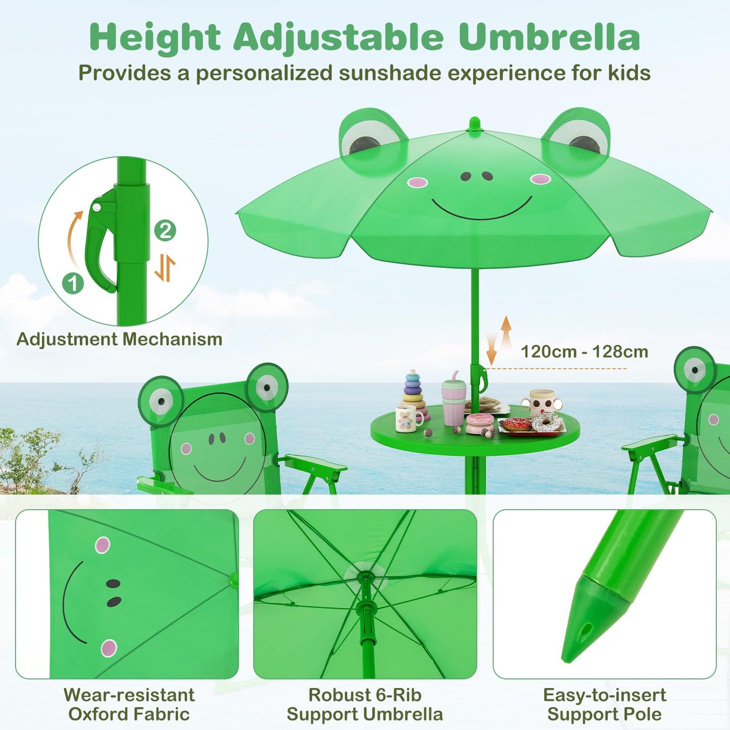 Kids Picnic Table and Chair Set with 2 Folding Chairs and Height Adjustable Umbrella