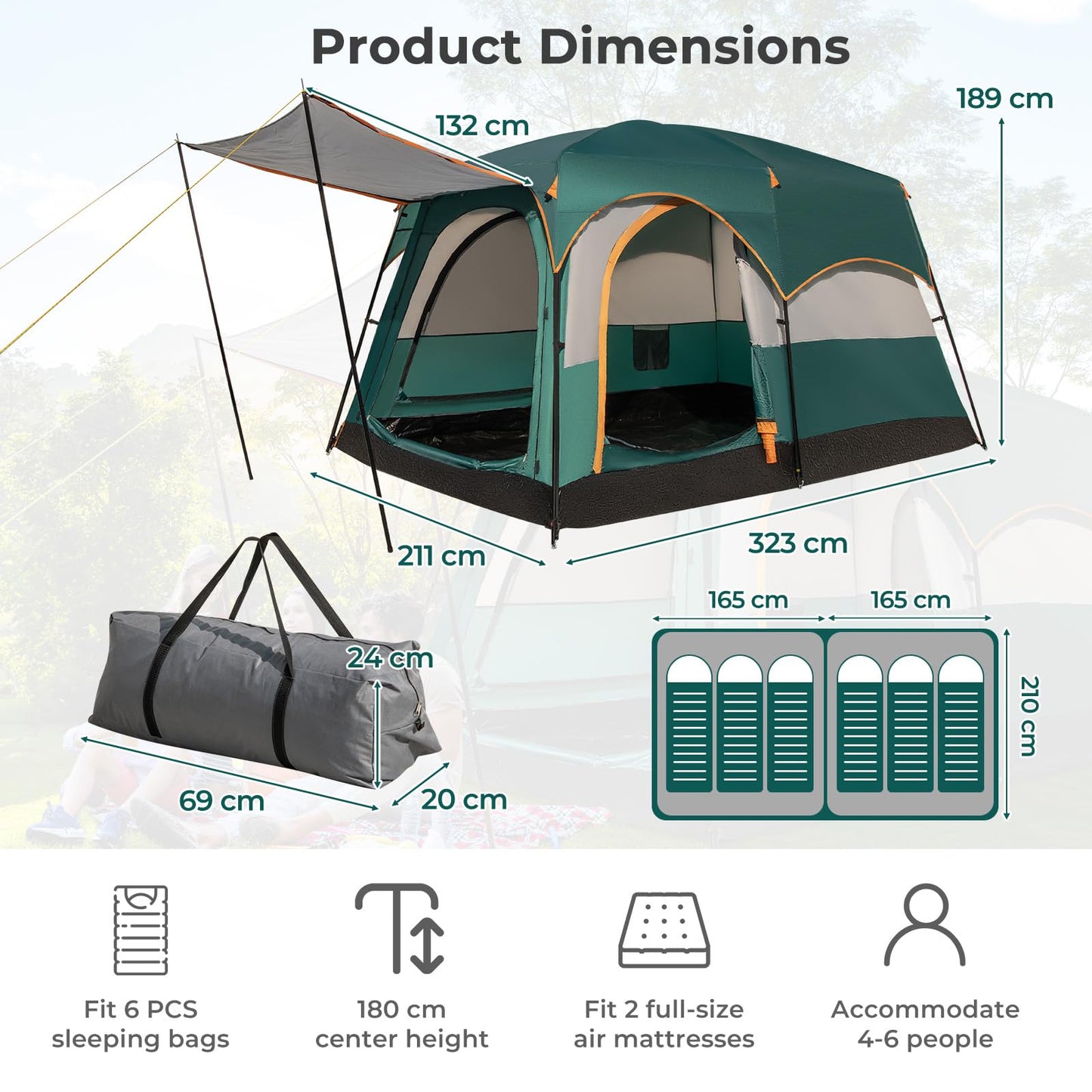 6-Person Camping Tent with 2-Room Divider for Camping Hiking color
