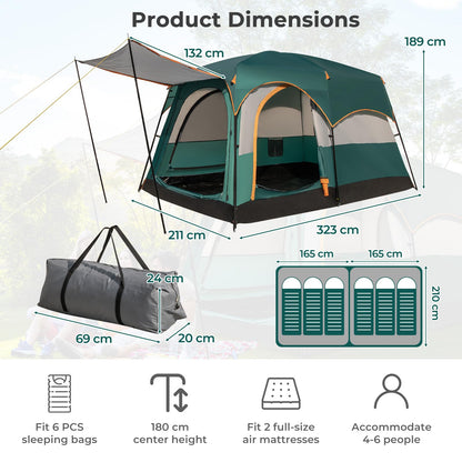 6-Person Camping Tent with 2-Room Divider for Camping Hiking color