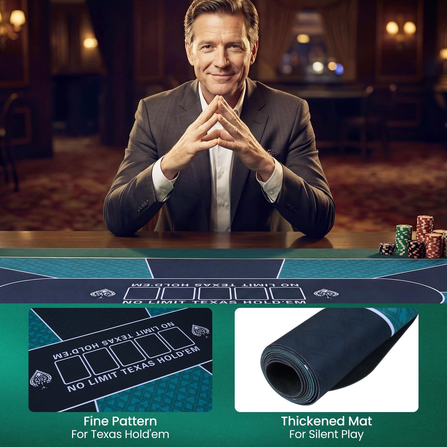 Poker Mat 180 x 90cm, 10 Players Texas Hold'em Poker Table Mat Topper