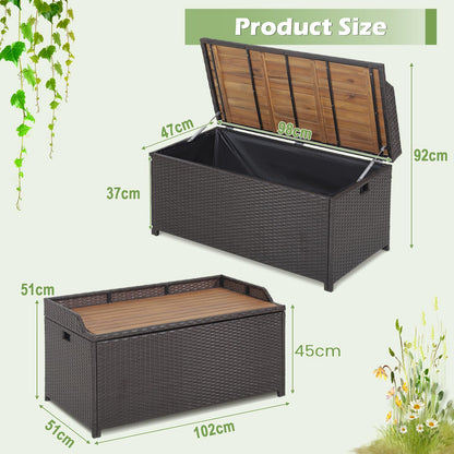 170L Waterproof PE Rattan Outdoor Storage Box with Acacia Wood Sit-on Lid