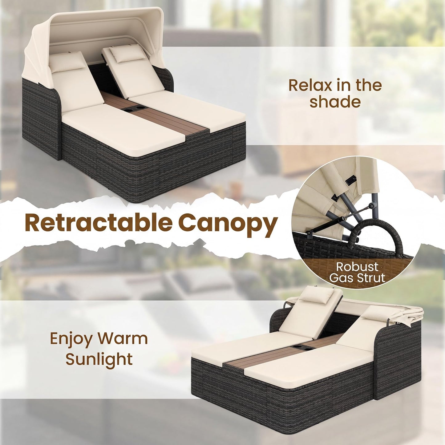 Garden Daybed, 2 Seater Rattan Sofa Sun Lounger with Canopy