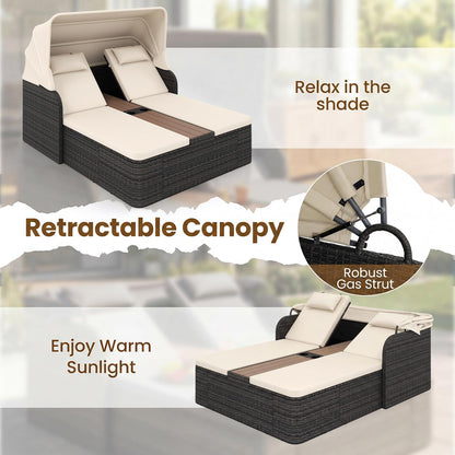 Garden Daybed, 2 Seater Rattan Sofa Sun Lounger with Canopy