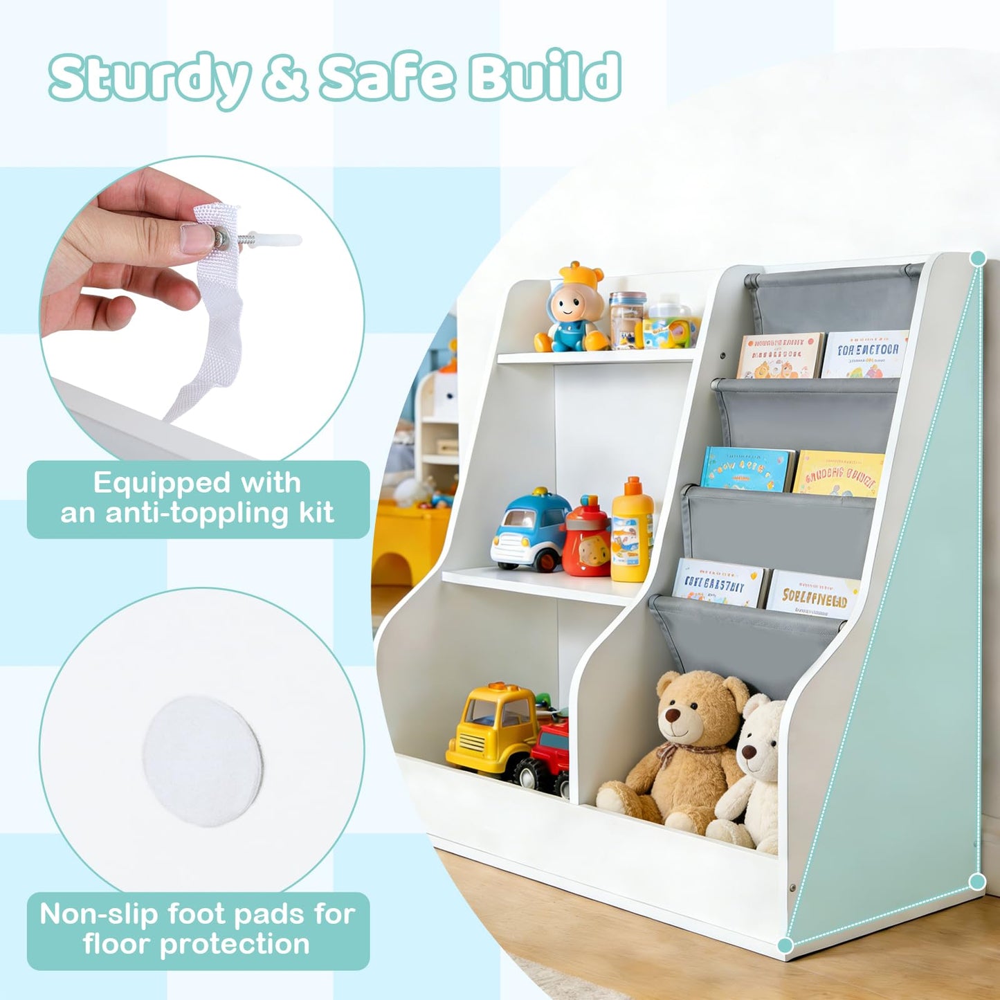 Kids Bookshelf 80 CM Wooden Toy Storage Organizer with 3 Tiers of Fabric Pockets