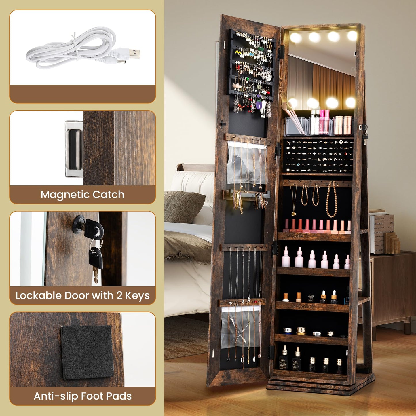 360° Swivel Jewelry Cabinet Freestanding Jewelry Storage Organizer with Lighted Full Length Mirror