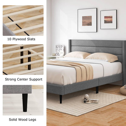 Single/Double Size Bed Frame with Wingback Headboard and Wooden Slats Support